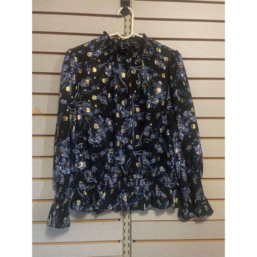 Meraki Womens Floral Gold Foil Smocked Peplum Blouse Black Blue   L‎ Elegant